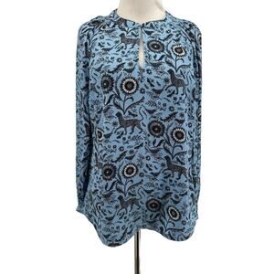 Boden Women's Blue Floral Kitty Smocked‎ Neck Long Sleeve Blouse Size 2